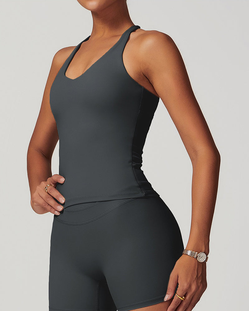Tight-fitting brushed crossover gym tank top