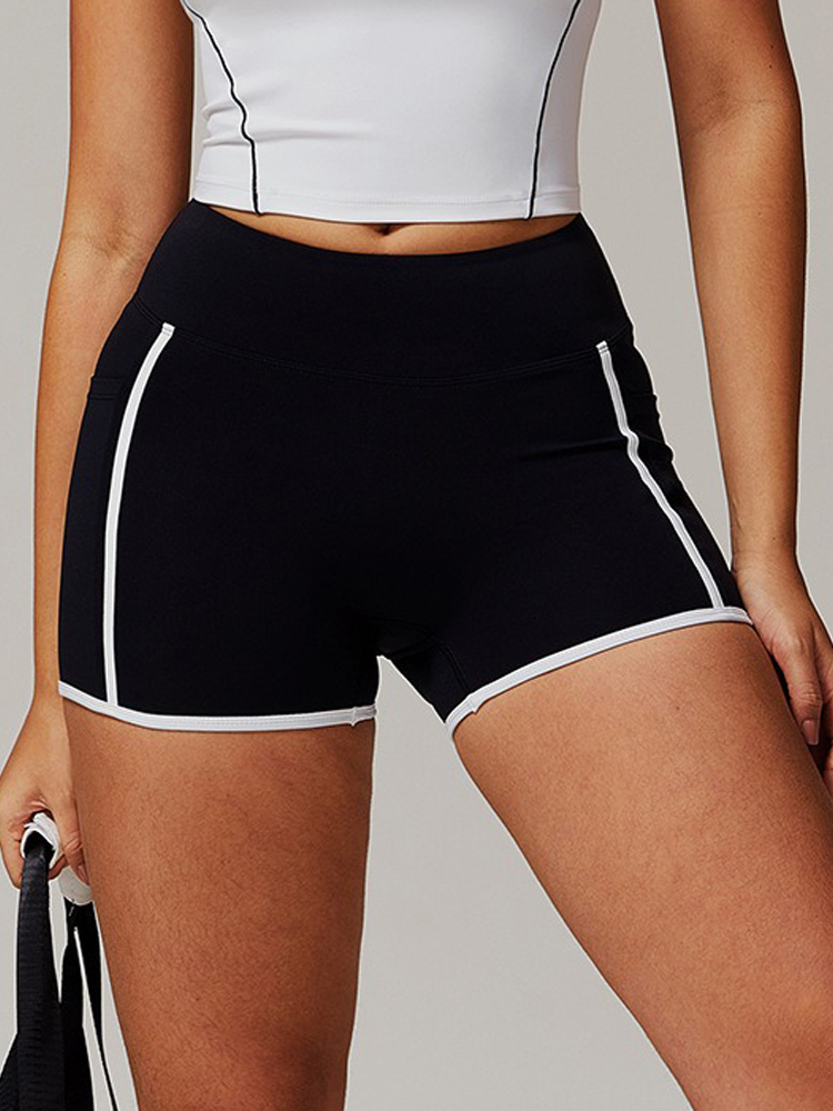 High Waisted Tummy Wrap Waist Contouring Side Pocket Athletic Shorts