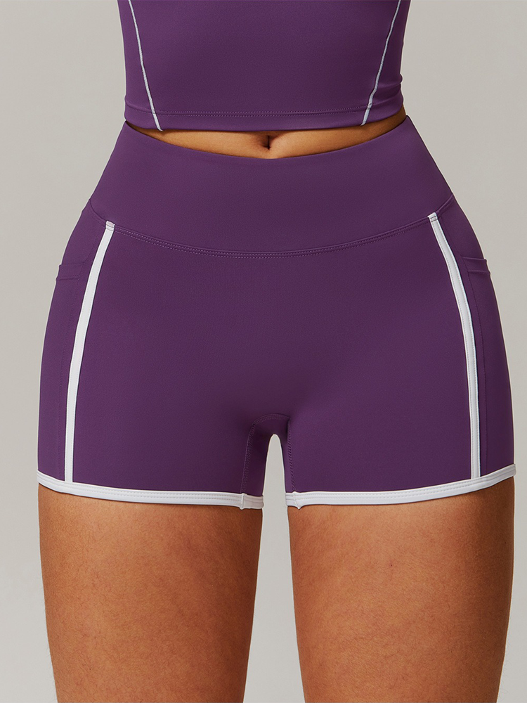 High Waisted Tummy Wrap Waist Contouring Side Pocket Athletic Shorts